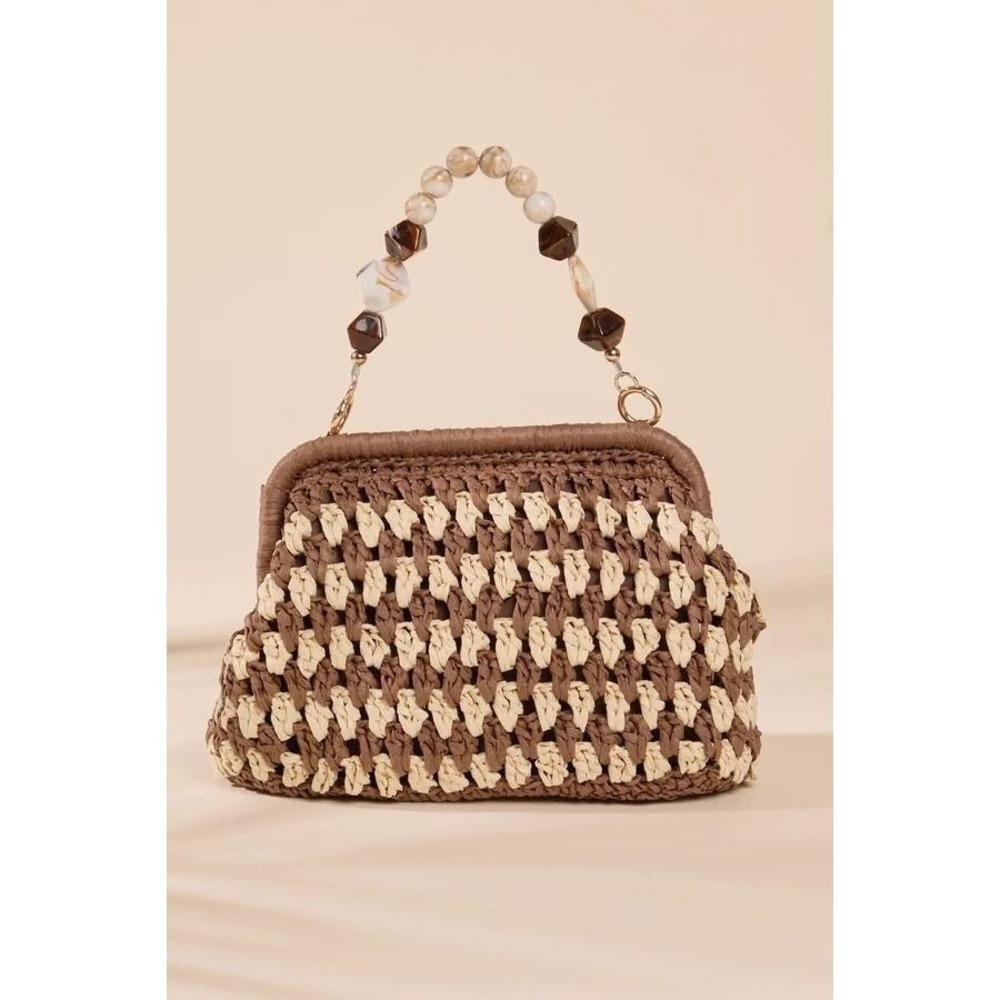 Altar'd State Woven Straw Beaded Handle Handbag Brown Cream Clutch Bag